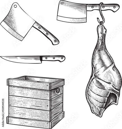 Vintage engraving depicts a collection of butchering tools and meat.