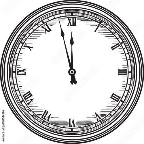 circular clock face displays Roman numerals and hands.