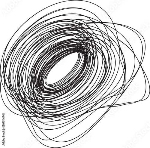 complex arrangement of interwoven black lines forms a swirling elliptical shape.