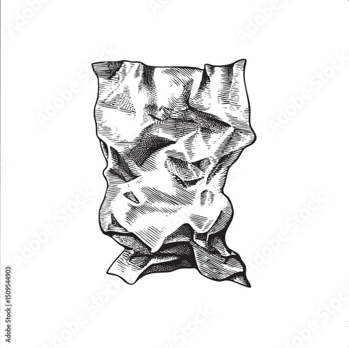 crumpled dark fabric hangs vertically against a stark white background.