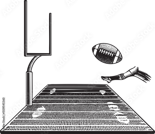black and white depicts a football being thrown towards a goalpost on a field.