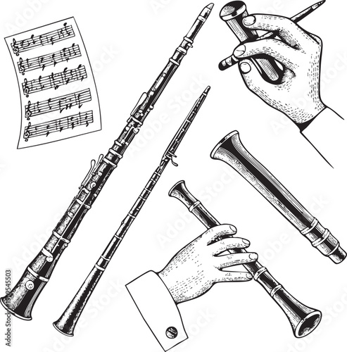 musician meticulously examines several antique woodwind instruments.