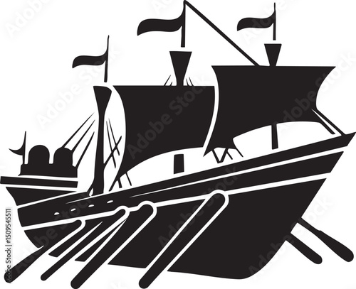 stylized black and white sailing vessel floats on calm waters.