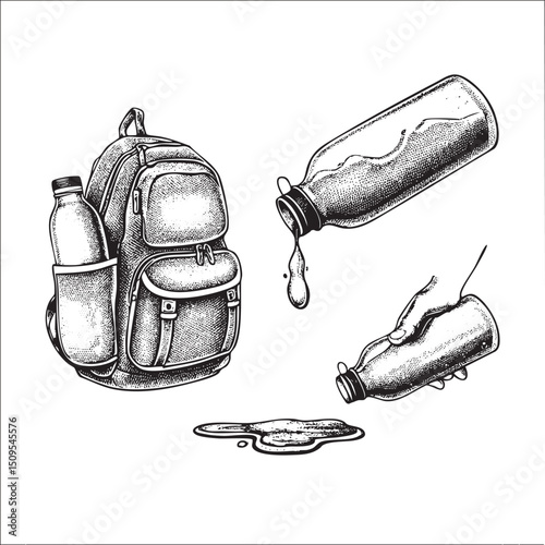 weathered backpack and spilled water bottles illustrate a scene of accidental mess.