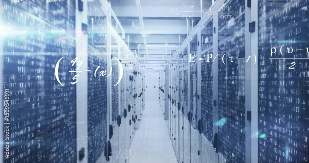 On corridor revealing server racks glowing code while formulas, diagrams evolving for data analysis