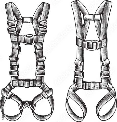 Two detailed illustrations of a safety harness depict its construction and .