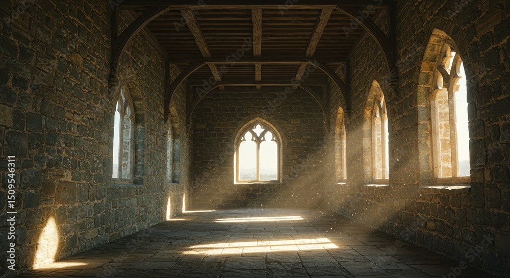 Fototapeta premium Interior view stone hall with arched windows
