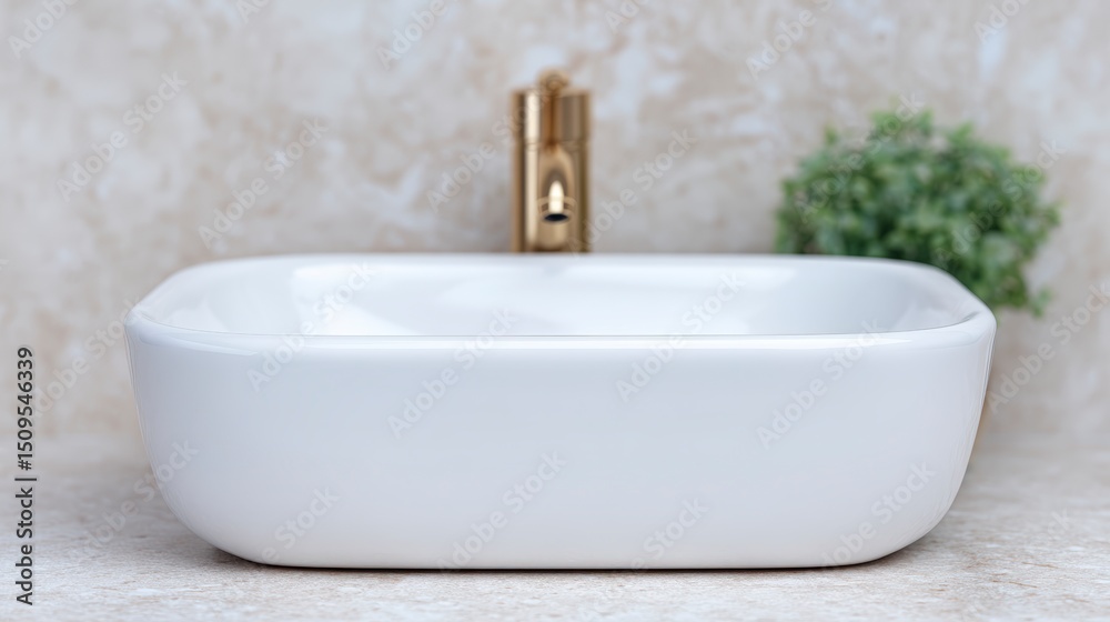 Fototapeta premium Modern Bathroom Sink White Ceramic Rectangular Basin Clean Design Luxury Faucet