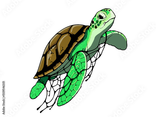 Green Sea Turtle Escaping Plastic Fishing Net Conservation Illustration