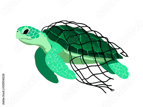 Green Sea Turtle Escaping Plastic Fishing Net Conservation Illustration