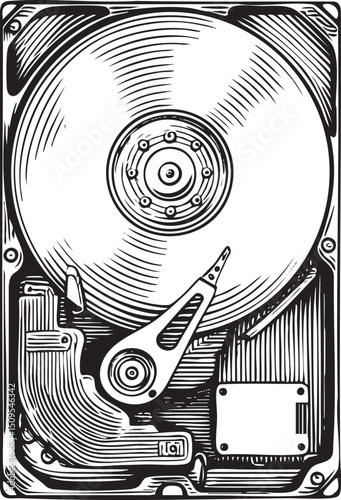 detailed black and white depicts an internal hard drive mechanism.