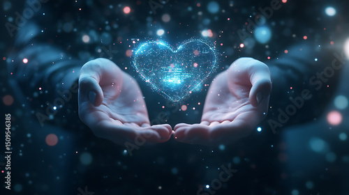 Hands cradling a glowing, digital heart against a starry background