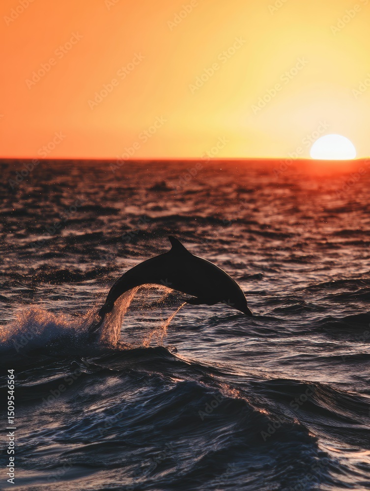 Obraz premium Silhouette of a dolphin leaping at sunset over water