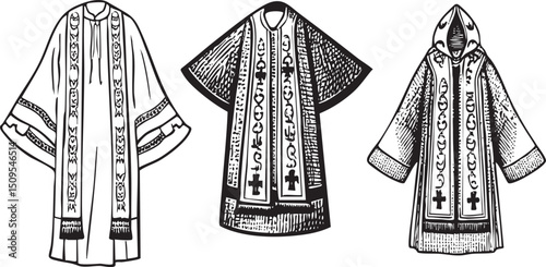 Three ecclesiastical robes hang side-by-side displaying intricate embroidery and varying styles.