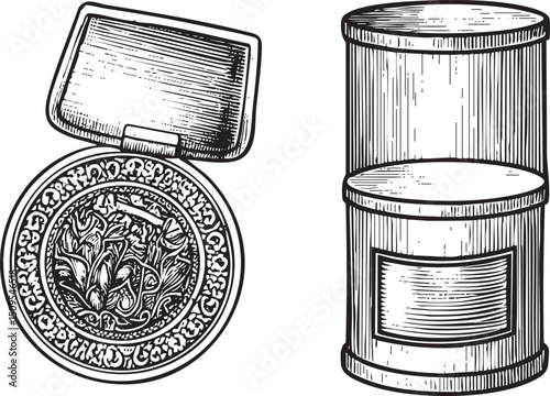 Two antique metal containers one open and one closed display intricate decorative .