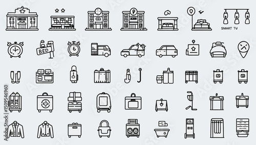 Hotel amenities icon set featuring building, luggage, car, bathroom, beds, and other elements.