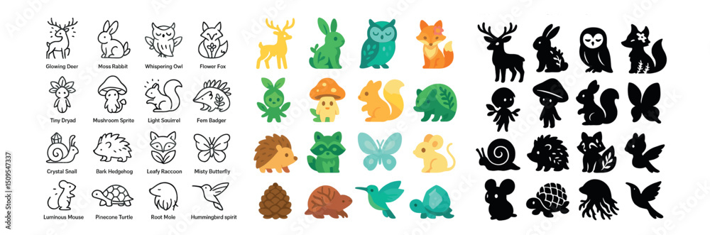 Fototapeta premium Woodland creatures icon collection: cute, cartoon and silhouette wildlife designs