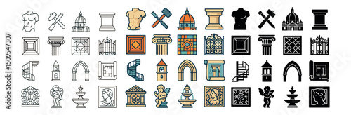 Architecture and sculpture icons collection: historic, ornamental, decorative elements set