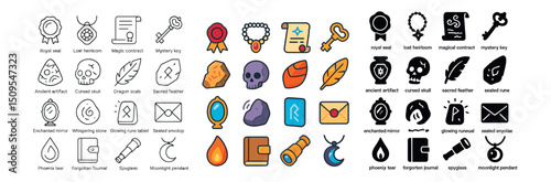 Mystical and magical icon collection. enchanted emblems and fantasy symbols set