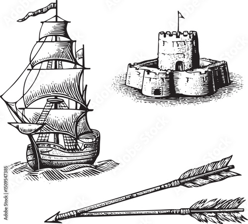 detailed black and white depicts a sailing ship near a fortified .