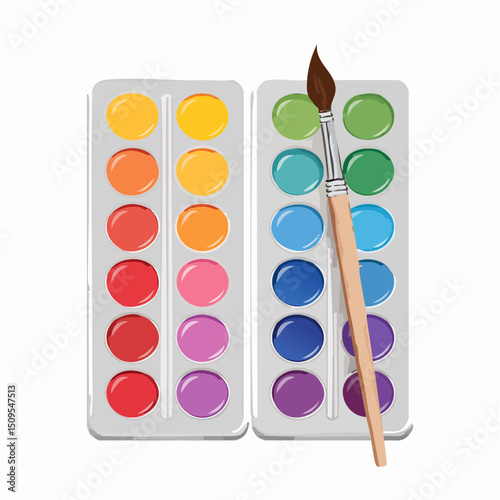A watercolor paint set with used brush
