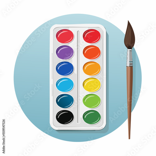 A watercolor paint set with used brush
