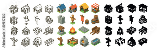Medieval isometric, outline, and silhouette icon collection. fantasy and castle theme set