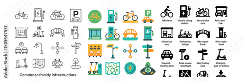 Commuter-friendly infrastructure icon collection: transport, parking and mobility set
