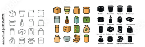 Sustainable packaging icon collection: eco-friendly, recyclable, reusable graphic set