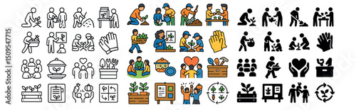 Gardening and community farming icons collection in flat, solid, and outline styles