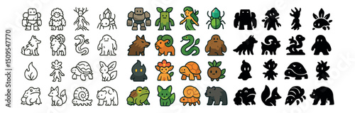 Nature and creatures icon collection. cartoon, fantasy, and mythical character set