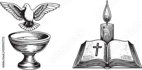 perches above a chalice alongside an open book illuminated by a candle.