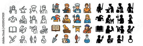 Medieval occupations icon collection: outline, silhouette and colorful design set