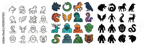 Mythical and fantasy creatures icon collection. mythology and folklore symbol set