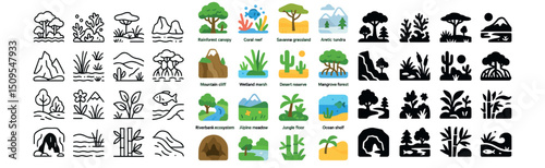 Nature landscapes icon collection: linear, filled, and silhouette environmental symbols set