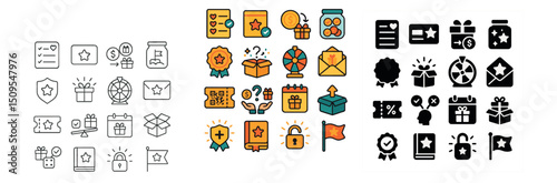 Rewards and loyalty icon collection with linear, flat, and filled styles for marketing