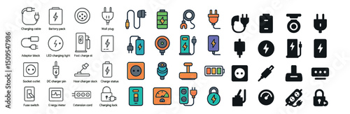 Electrical devices icon collection, flat, linear and colorful styles for power solutions