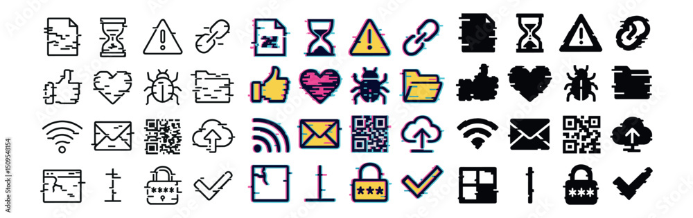 Glitch and pixel art icon collection: digital, tech, and cyberpunk design set