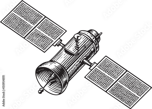 detailed of a cylindrical satellite with solar panels.