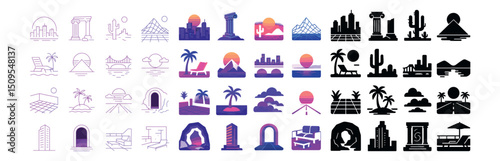 Travel and vacation icon collection: linear, silhouette, and colorful designs set