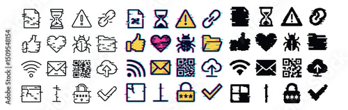 Glitch and pixel art icon collection: digital, tech, and cyberpunk design set