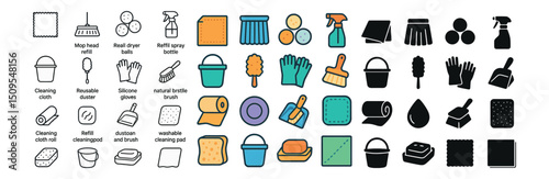 Cleaning supplies icon collection: tools, products, and reusable items set