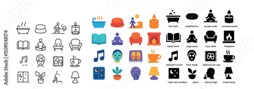 Relaxation and mindfulness icon collection. spa, tranquility, and wellness symbols