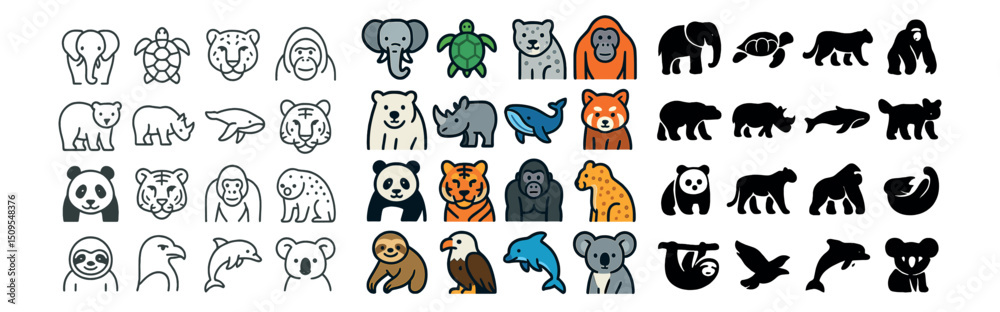 Obraz premium Wildlife animals icon collection with linear, silhouette and flat styles variety