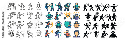 Stick figure and action pose icon collection. dynamic and expressive posture set