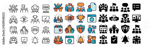 Teamwork and collaboration icon collection: meeting, planning, and discussion set