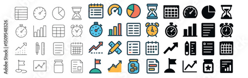 Time management and productivity icon collection: clocks, charts, and planning tools