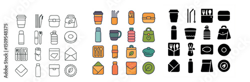Eco-friendly and reusable products icon collection. sustainability and zero waste set