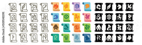 Fantasy creature and magic symbols icon collection. mythical beast and legend set