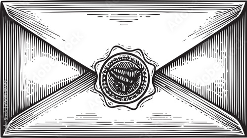 stark black and white envelope features a prominent seal.